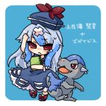  1girl bandage blue_hair blush book bow cranidos hat kamishirasawa_keine long_hair lowres pokemon pokemon_(creature) ribbon takamura touhou translated 