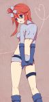  1girl blue_eyes butt_crack crop_top from_behind fuuro_(pokemon) gloves looking_back midriff open_mouth pokemon pokemon_(game) pokemon_black_and_white pokemon_bw red_hair redhead satoimoya solo thigh_strap 