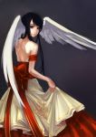  bare_back bare_shoulders black_hair brown_eyes copyright_request dress head_wings highres long_hair looking_back samanta smile solo 