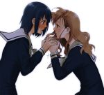  2girls blush brown_eyes brown_hair cross eye_contact jewelry long_hair looking_at_another maria-sama_ga_miteru mknown mori_(unknown.) multiple_girls necklace nijou_noriko open_mouth rosary school_uniform short_hair tears toudou_shimako yuri 