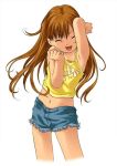  1girl armpits artist_request bandage bandages brown_hair camisole child closed_eyes copyright_request cutoffs dancing denim eyes_closed happy jpeg_artifacts long_hair midriff navel open_mouth shorts simple_background solo source_request white_background yellow_shirt 
