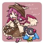  1girl bird blush chatot hat lowres mystia_lorelei open_mouth pokemon pokemon_(creature) purple_hair short_hair simple_background takamura touhou translated wings 