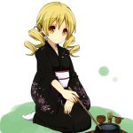  amano_(els573) blonde_hair cup drill_hair full_body japanese_clothes kimono mahou_shoujo_madoka_magica seiza sitting smile solo tea tea_ceremony teacup tomoe_mami yellow_eyes 