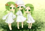  3girls artist_request barefoot blush character_request detached_sleeves dress green_eyes green_hair hands_to_chest hat open_mouth smile source_request wreath 