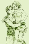  bare_shoulders boots breasts capcom carlos_oliveira carrying cleavage fingerless_gloves gloves jill_valentine knee_boots miniskirt monochrome open_mouth rakuto_mangan resident_evil resident_evil_3 short_hair skirt taut_shirt tied_shirt tubetop 