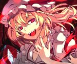  blonde_hair face fangs flandre_scarlet hat nerugal open_mouth red_eyes short_hair side_ponytail slit_pupils smile solo the_embodiment_of_scarlet_devil touhou wings 