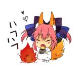  animal_ears blush bow campfire caster_(fate/extra) chibi closed_eyes eating eyes_closed fang fate/extra fate/stay_night fate_(series) fire fox_ears fox_tail hair_bow hair_ribbon heart izru japanese_clothes open_mouth payot pink_hair potato ribbon tail twintails 
