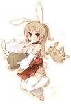  animal_ears bare_shoulders blonde_hair blush breasts bucket bunny bunny_ears bunny_tail cleavage detached_sleeves original ponytail rabbit red_eyes simple_background skirt solo tail thighhighs white_background white_legwear 