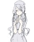  dress hair_ornament hairclip hands_together hat highres long_hair looking_at_viewer monochrome nurse nurse_cap original sakuya_tsuitachi simple_background sketch smile solo 