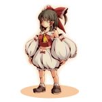  ao_usagi ascot bloomers bow brown_hair commentary commentary_request hair_bow hakurei_reimu navel sarashi simple_background solo touhou yellow_eyes 