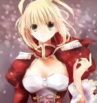  ahoge blonde_hair breasts bust cleavage epaulettes fate/extra fate/stay_night fate_(series) green_eyes hair_ribbon oluha ribbon saber_extra solo 