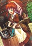  axe bag barrel bell brown_dress candy chair counter dress fingerless_gloves gloves green_eyes hair_ribbon highres jar kanini knife looking_at_viewer open_mouth original ponytail red_hair redhead ribbon shield shop smile solo sword tool_kit tools weapon weapon_shop 