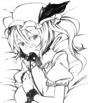  bed bust calligraphy_brush_(medium) cuffs eyelashes face flandre_scarlet highres laevatein looking_at_viewer millipen_(medium) monochrome mouth_hold pillow pillow_hug red_eyes side_ponytail solo the_embodiment_of_scarlet_devil touhou traditional_media tsukinami_kousuke 