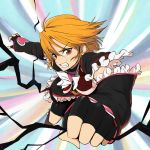  angry ayatori_(238676) black_gloves brown_eyes brown_hair clenched_hand clenched_teeth cure_black dress earrings fingerless_gloves fist futari_wa_precure gloves heart jewelry magical_girl misumi_nagisa precure short_hair shorts solo 
