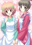  apron blush bow brown_eyes brown_hair flower hair_bow hair_bun hanasaku_iroha hinata_keiichi japanese_clothes kimono long_hair matsumae_ohana multiple_girls open_mouth oshimizu_nako short_hair smile 