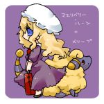  1girl blonde_hair blue_eyes hat long_hair lowres mareep maribel_hearn pokemon pokemon_(creature) purple sheep simple_background suitcase takamura touhou translated 
