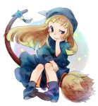  1girl blonde_hair blue_eyes broom broom_riding chin_rest dress hat kiitos long_hair puyopuyo shoes smile solo witch_(puyopuyo) 