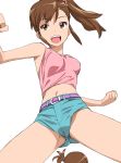  a1 belt brown_eyes brown_hair camisole clenched_hands fist futami_ami futami_mami idolmaster idolmaster_2 midriff open_mouth short_hair shorts side_ponytail simple_background smile 