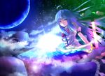  ahoge blue_hair boulder full_moon hat hat_removed headwear_removed hinanawi_tenshi lens_flare light long_hair moon red_eyes ryosios shirt sitting_on_rock skirt sky smile solo space star_(sky) starry_sky sun sword sword_of_hisou touhou weapon 
