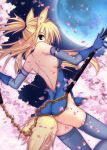  bad_id bare_back blonde_hair blue_eyes box_sentou_shoujo breasts chain cherry_blossoms elbow_gloves full_moon gloves highres long_hair moon nanahosi_seiiki night original petals sideboob solo tail thighhighs twintails weapon 
