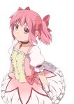  bow choker dress errant gloves hair_bow kaname_madoka mahou_shoujo_madoka_magica pink_eyes pink_hair puffy_sleeves short_twintails simple_background solo twintails 