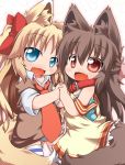  animal_ears blonde_hair blue_eyes brown_eyes brown_hair chisa_(kuroneko_liger) collar dog_ears dog_tail dress fang hand_holding holding_hands kuroneko_liger manaka original strap_slip striped tail twintails 