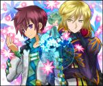  ^_^ asbel_lhant blonde_hair blue_eyes blush brown_hair chibi closed_eyes coat eyes_closed flower green_hair headgear heterochromia lambda long_hair male multiple_boys noraring purple_eyes richard_(tales_of_graces) sitting smile tales_of_(series) tales_of_graces violet_eyes yellow_eyes 