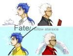  archer blue_hair book cigarette crimo cup dark_skin earrings fate/hollow_ataraxia fate/stay_night fate_(series) fishing_rod glasses grey_eyes innertube jewelry lancer long_hair male multiple_boys ponytail profile red-framed_glasses red_eyes sunglasses teacup teapot title_drop white_hair 