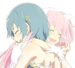  2girls bare_shoulders blue_hair bust closed_eyes eyes_closed goddess_madoka happy hug kaname_madoka long_hair mahou_shoujo_madoka_magica miki_sayaka multiple_girls open_mouth pink_hair short_hair smile spoilers tori_(ritcrover) twintails ultimate_madoka 