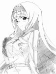  bad_id breast_suppress cecilia_alcott drill_hair hairband hand_on_chest highres infinite_stratos long_hair monochrome school_uniform simple_background sketch solo traditional_media 