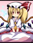  ascot bad_id bed_sheet blonde_hair flandre_scarlet hat red_eyes shinekalta side_ponytail sitting solo the_embodiment_of_scarlet_devil touhou wings 