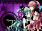  aqua_hair blue_eyes butterfly_wings hair_ornament hat hatsune_miku hazel_(silver_vine) headphones magnet_(vocaloid) megurine_luka mini_top_hat pink_hair silver_vine top_hat vocaloid wings yuri 