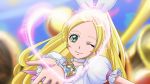  blonde_hair blurry bow cap choker cure_rhythm depth_of_field foreshortening green_eyes hair_bow haruyama heart magical_girl minamino_kanade official_style parody precure solo sparkle style_parody suite_precure wink 