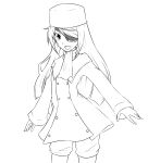  1girl blush eyepatch hat highres infinite_stratos jacket kuso laura_bodewig lineart long_hair monochrome scarf shorts smile solo 