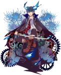  ao_no_exorcist black_hair blue_eyes boots flower gears highres male necktie okumura_rin pointy_ears rouki_isago sitting solo spider_lily striped striped_necktie sword tail weapon 
