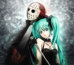  aqua_hair bare_shoulders chainsaw collar crossover earrings elbow_gloves gloves hatsune_miku hockey_mask jason_voorhees jewelry long_hair microphone microphone_stand necklace twintails vocaloid yamano_uzura 