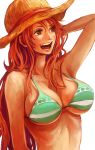  bikini_top breasts brown_eyes brown_hair hat long_hair nami one_piece open_mouth red_hair simple_background smile solo straw_hat swimsuit tsuyomaru 