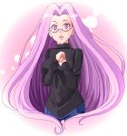  breasts eyelashes fate/stay_night fate_(series) glasses highres jeans large_breasts lips long_hair nono_(noppodesu) noppodesu open_mouth purple_eyes purple_hair rider turtleneck very_long_hair violet_eyes 