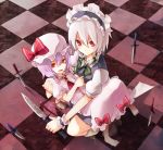  ascot barefoot boots braid brooch carrying checkered checkered_floor cross-laced_footwear dress hat izayoi_sakuya jewelry knife knifed lace-up_boots lavender_hair maid maid_headdress multiple_girls princess_carry red_eyes remilia_scarlet shirofox silver_hair squatting throwing_knife touhou twin_braids weapon wrist_cuffs 