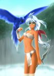  bird blue_hair box_sentou_shoujo dagger dark_skin fundoshi green_eyes long_hair original parrot solo standing wading water weapon yagisaka_seto 