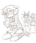  animal_ears artist_request bandaid blush book bunny_ears copyright_request fang glasses long_sleeves multiple_girls open_mouth simple_background sitting sketch skirt standing wariza wink 