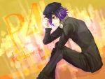  androgynous cabbie_hat hat houndstooth persona persona_4 purple_eyes purple_hair reverse_trap school_uniform shirogane_naoto sitting solo tomboy violet_eyes zome 