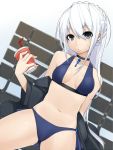  bikini blue_eyes braid choker drink dutch_angle jacket kochiya kochiya_(gothope) long_hair original park_bench solo swimsuit white_hair 