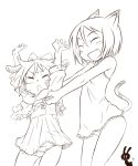  animal_ears arms_up artist_request bow cat_ears closed_eyes copyright_request dressing eyes_closed fang hair_bow multiple_girls no_pants open_mouth short_hair simple_background sketch sweat 