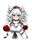  akaki_aoki animal_ears blush breasts bust detached_sleeves face hands_in_sleeves hat inubashiri_momiji red_eyes short_hair silver_hair simple_background smile solo tokin_hat touhou white_hair wolf_ears 