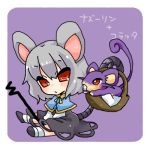  1girl basket blush chibi crossover dowsing_rod grey_hair jewelry lowres mouse mouse_ears mouse_tail nazrin pendant pokemon pokemon_(creature) purple rat_tail rattata red_eyes short_hair simple_background sitting tail takamura touhou translated 