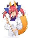  apron blush bow broom caster_(fate/extra) closed_eyes eyes_closed fate/extra fate/stay_night fate_(series) fox_ears fox_tail hair_bow hair_ribbon izru japanese_clothes kimono payot pink_hair ribbon sparkle tail twintails 
