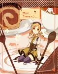  cake cup drill_hair eat fingerless_gloves food fork gloves hair_ornament hat heart kneeling kyubey magical_girl mahou_shoujo_madoka_magica spoon teacup thigh-highs thighhighs tomoe_mami tomoyami yellow_eyes 