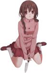  bad_id ballpen braid brown_eyes brown_hair buttons footwear highres kneeling knife loafers looking_up madotsuki peko pepepe shoes simple_background sitting skirt socks solo sweater twin_braids twintails wariza weapon white_background white_legwear yume_nikki 