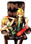  blonde_hair casual chair kagamine_len kagamine_rin pantyhose project_diva project_diva_f reclining red_legwear rimocon_(vocaloid) siblings sitting sitting_sideways tibino twins vocaloid 